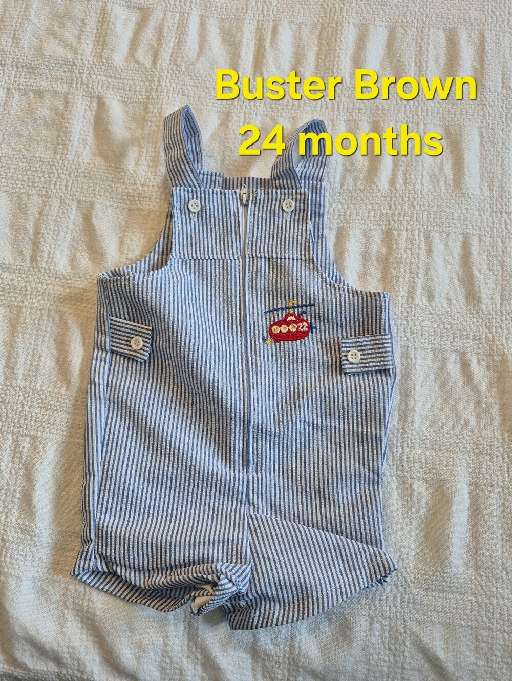 Buster Brown boys size 24 months blue & white hickory stripe romper NWOT